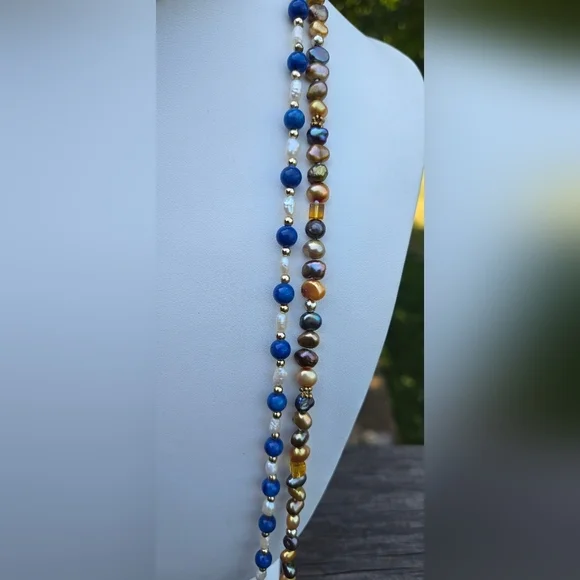 Blue Gemstone White Rice Pearl Gold Purple Peaco Pearl Beaded Necklace Bundle - Picture 16 of 16